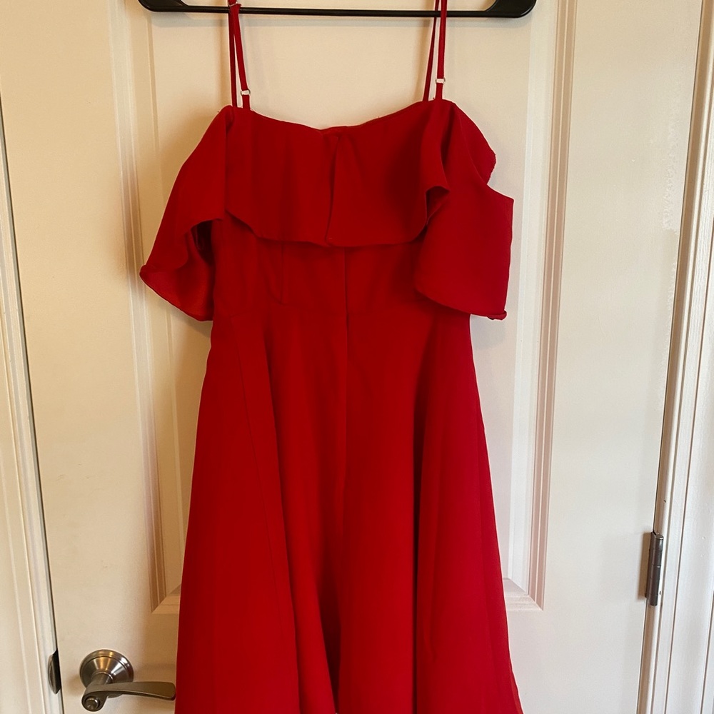 Red off the shoulder fit and flare dress